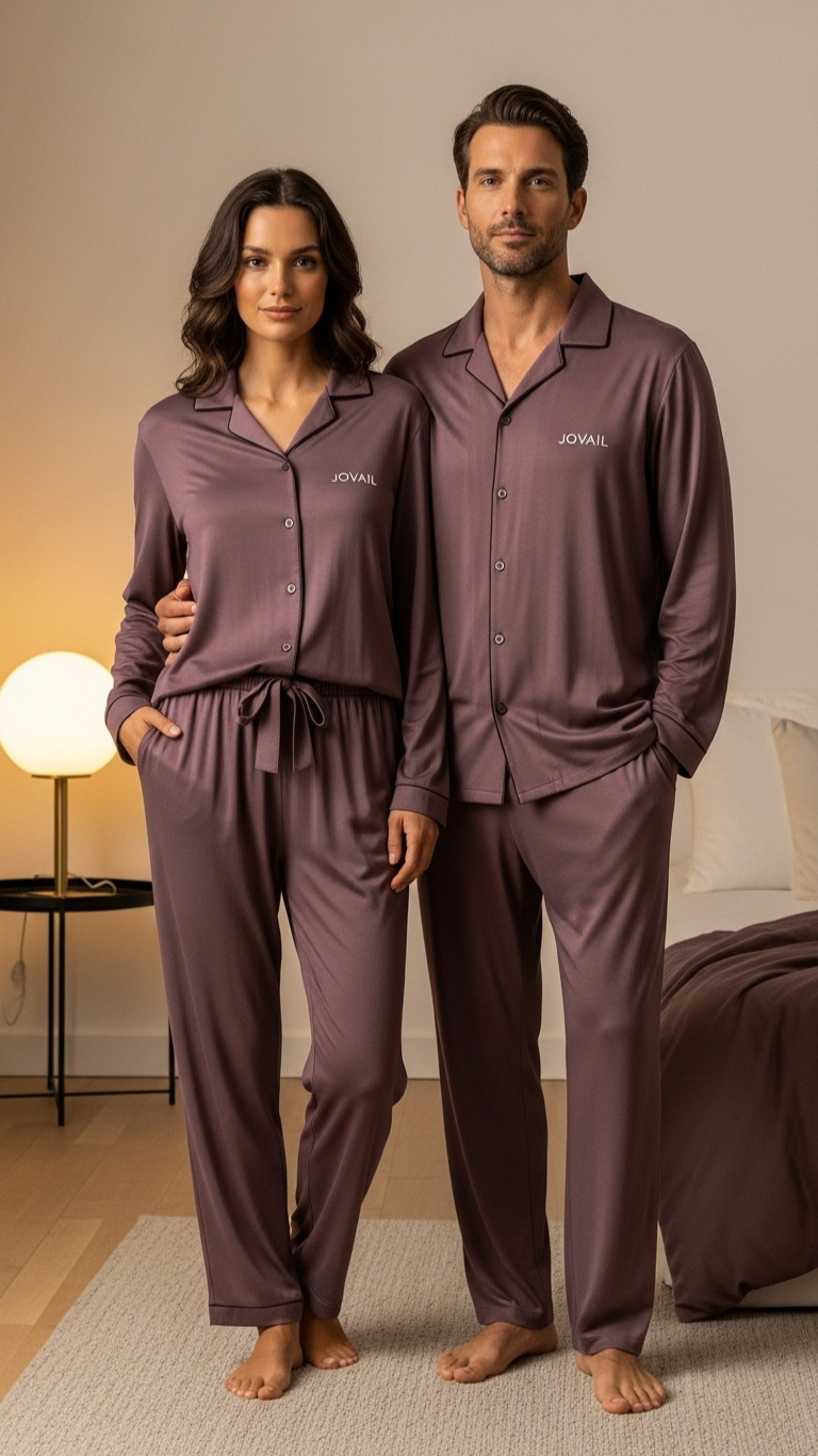 Man and woman wearing matching purple pajama sets in a bedroom setting.