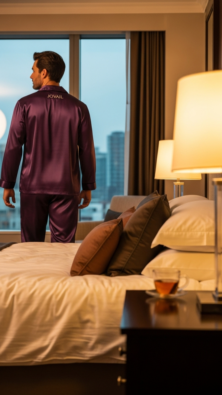 Man in burgundy satin pajamas standing in a bedroom with cityscape view.
