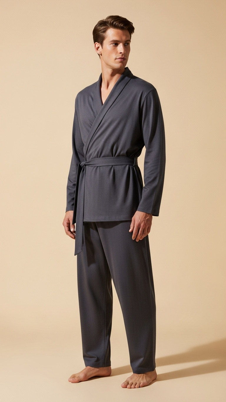 Man wearing a dark gray robe and pants on a beige background