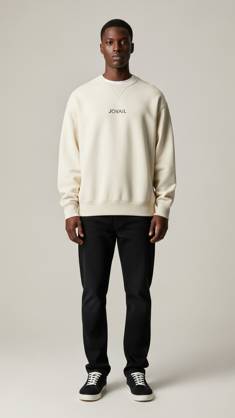 Man wearing a beige sweatshirt with text and black pants on a plain background