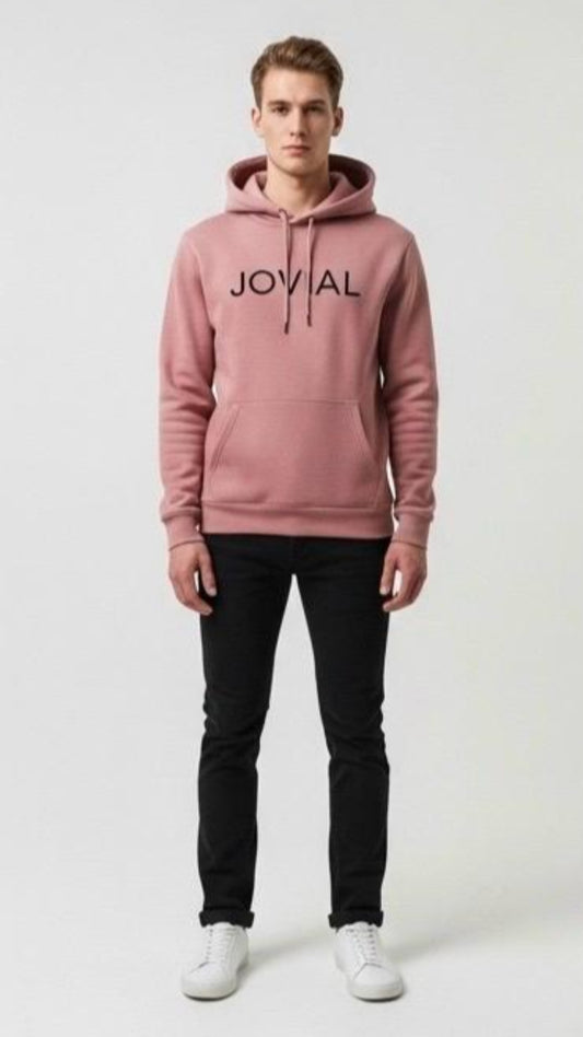 Person wearing a pink hoodie with 'JOVIAL' text on a white background
