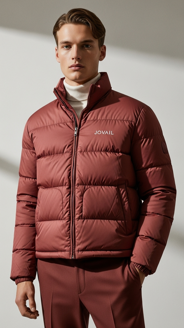 Man wearing a red puffer jacket with 'Jovail' branding on a neutral background