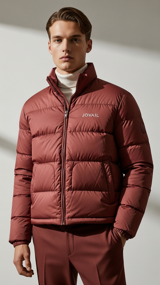 Man wearing a red puffer jacket with 'Jovail' branding on a neutral background