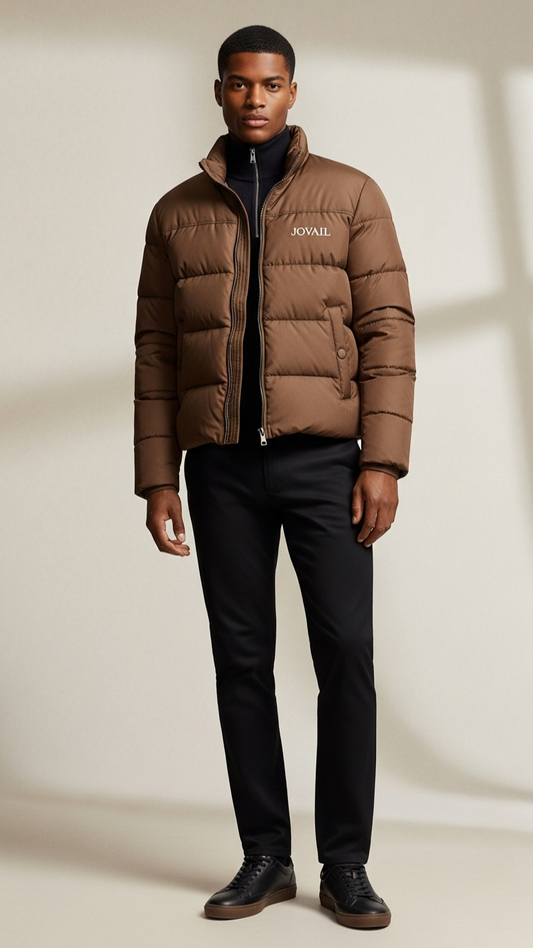 Man wearing a brown puffer jacket with a brand logo on a neutral background