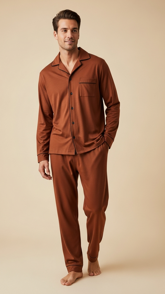 Man wearing brown pajama set against a beige background