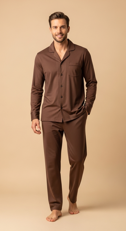 JOVAIL Heritage Men’s Nightwear Set – Classic Fit | Premium Cotton Blend | Soft-Touch Fabric | Mocha Brown