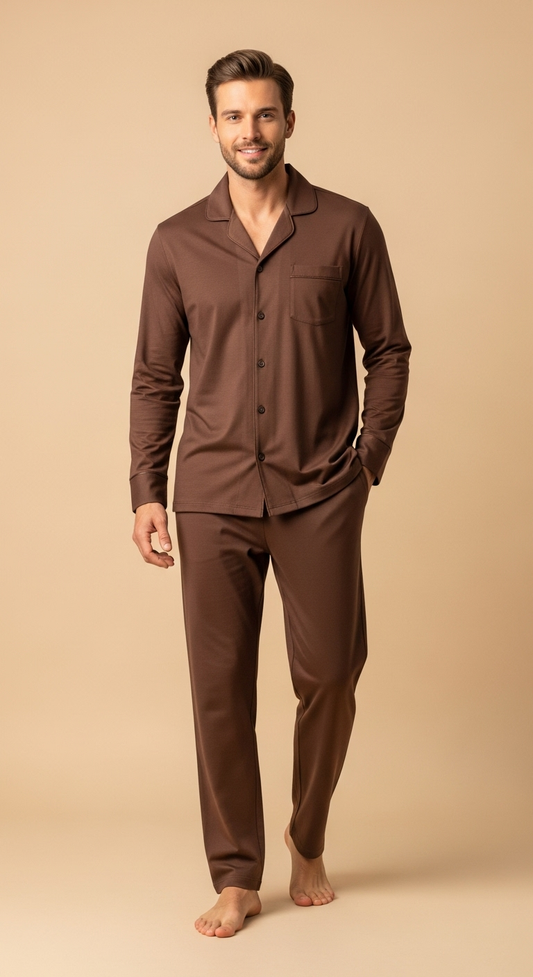 JOVAIL Heritage Men’s Nightwear Set – Classic Fit | Premium Cotton Blend | Soft-Touch Fabric | Mocha Brown