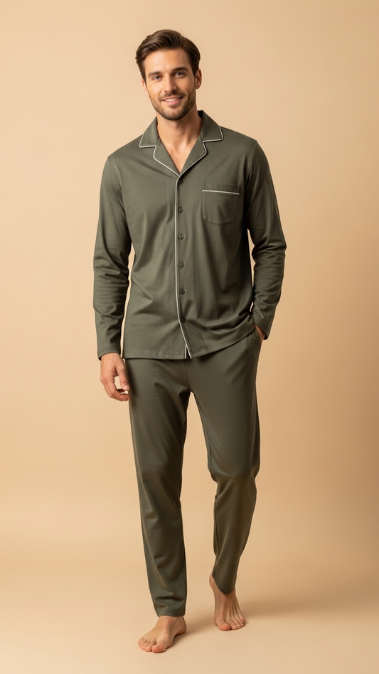 JOVAIL Men’s Nightwear Set – Dusty Olive | Premium Cotton Comfort | Classic Fit