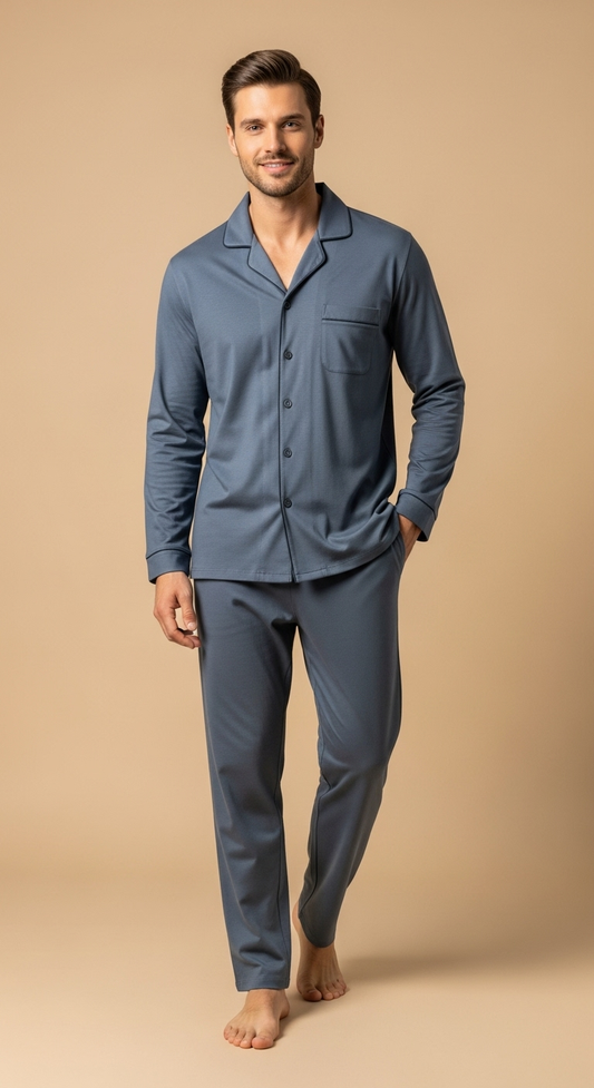 JOVAIL Men’s Nightwear Set – Steel Blue | Elevated Lounge Co-Ord in Premium Cotton