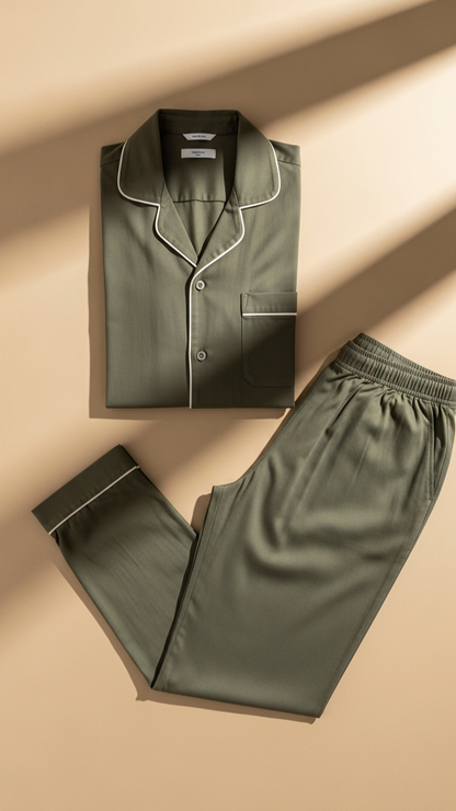 JOVAIL Men’s Nightwear Set – Dusty Olive | Premium Cotton Comfort | Classic Fit