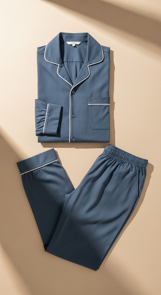 JOVAIL Men’s Nightwear Set – Steel Blue | Elevated Lounge Co-Ord in Premium Cotton