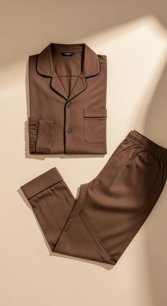 JOVAIL Heritage Men’s Nightwear Set – Classic Fit | Premium Cotton Blend | Soft-Touch Fabric | Mocha Brown