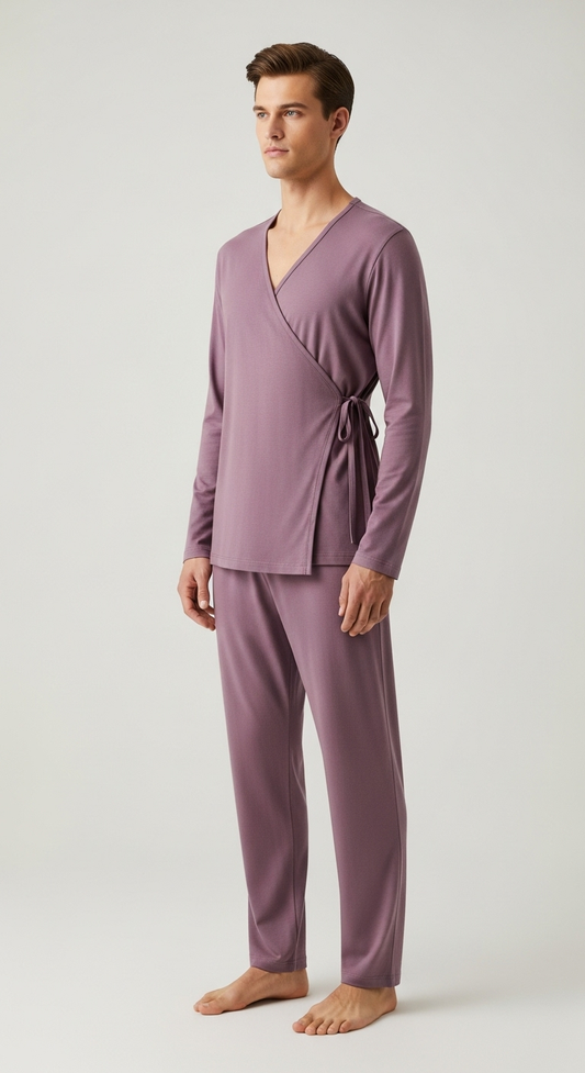 JOVAIL Men’s Wrap Nightwear Set – Dusty Plum | Modal Cotton | Premium Comfortwear