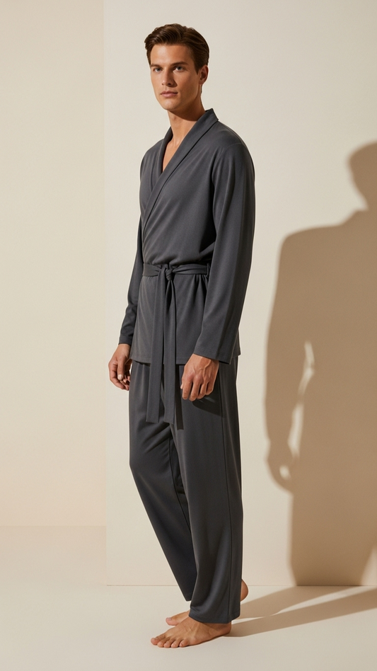 JOVAIL Men’s Wrap Nightwear Set – Charcoal Mist | Modal Cotton | Modern Essentials