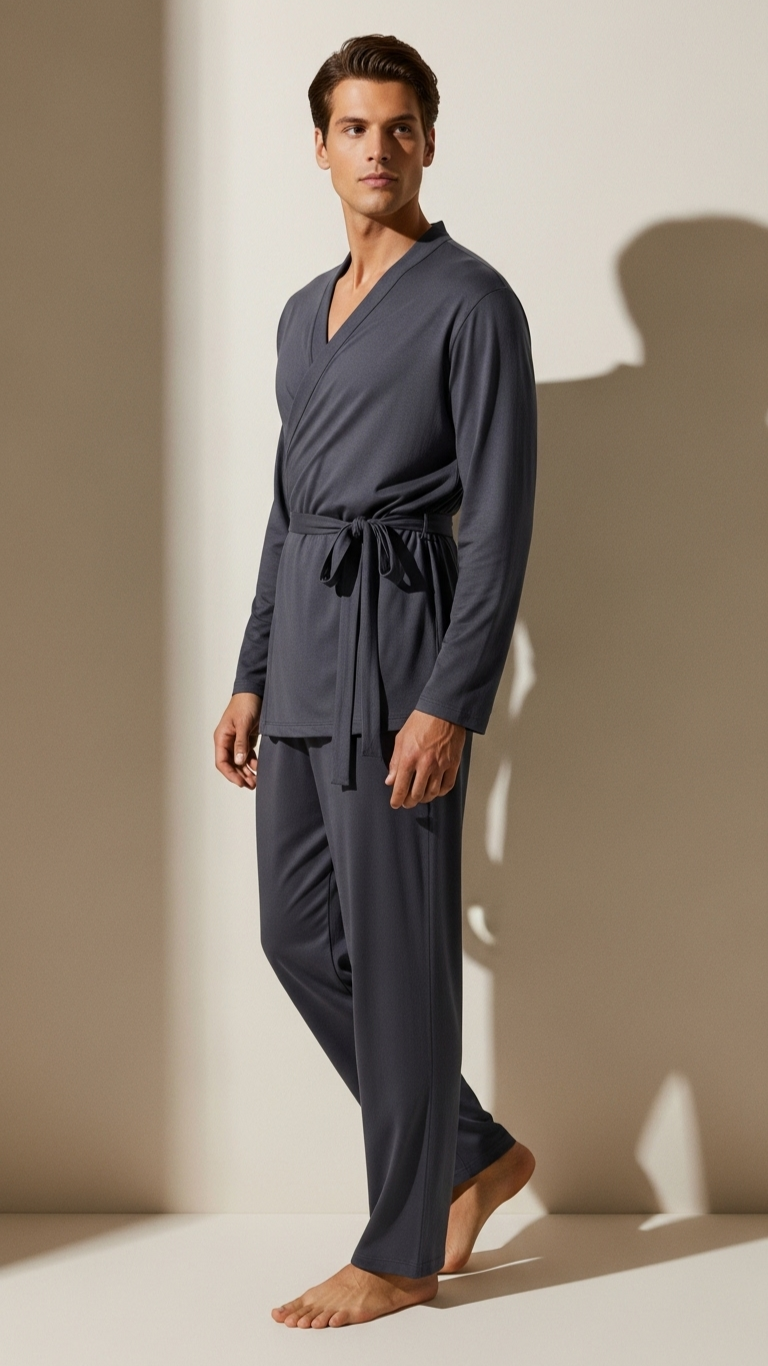 Man wearing a dark gray loungewear set against a neutral background