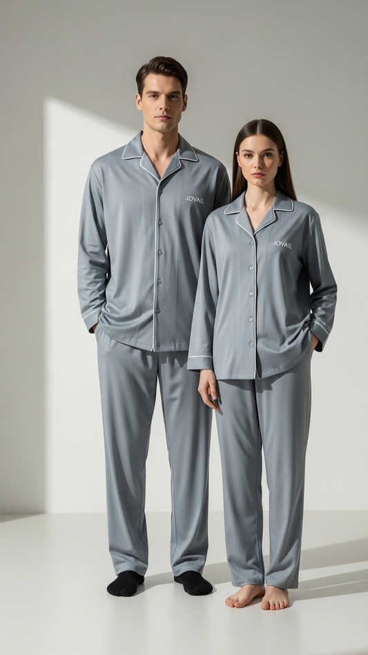 Man and woman wearing matching gray pajama sets on a white background