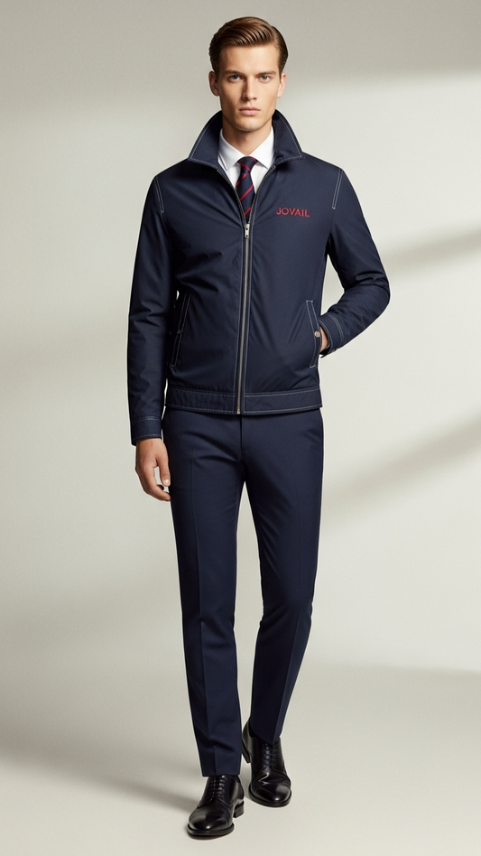 Man wearing a navy blue jacket with a logo and matching pants on a light background