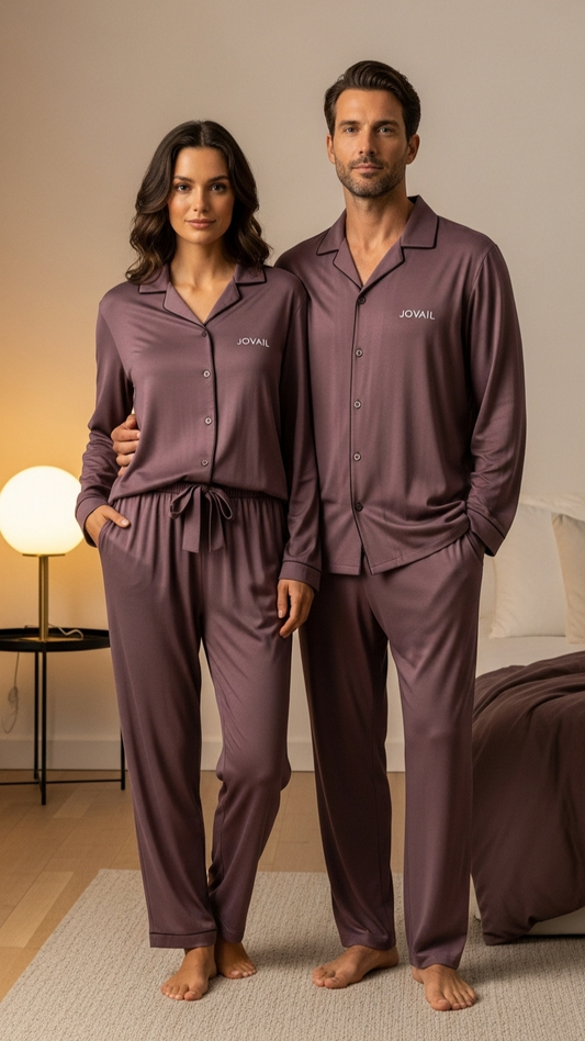 Man and woman wearing matching purple pajama sets in a bedroom setting.