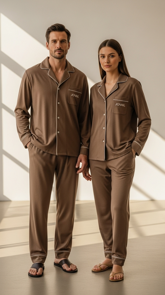 Man and woman wearing brown pajamas with a brand logo, standing in a well-lit room.