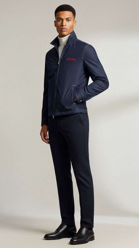 Man wearing a navy jacket with a brand logo, white turtleneck, and dark pants on a light background
