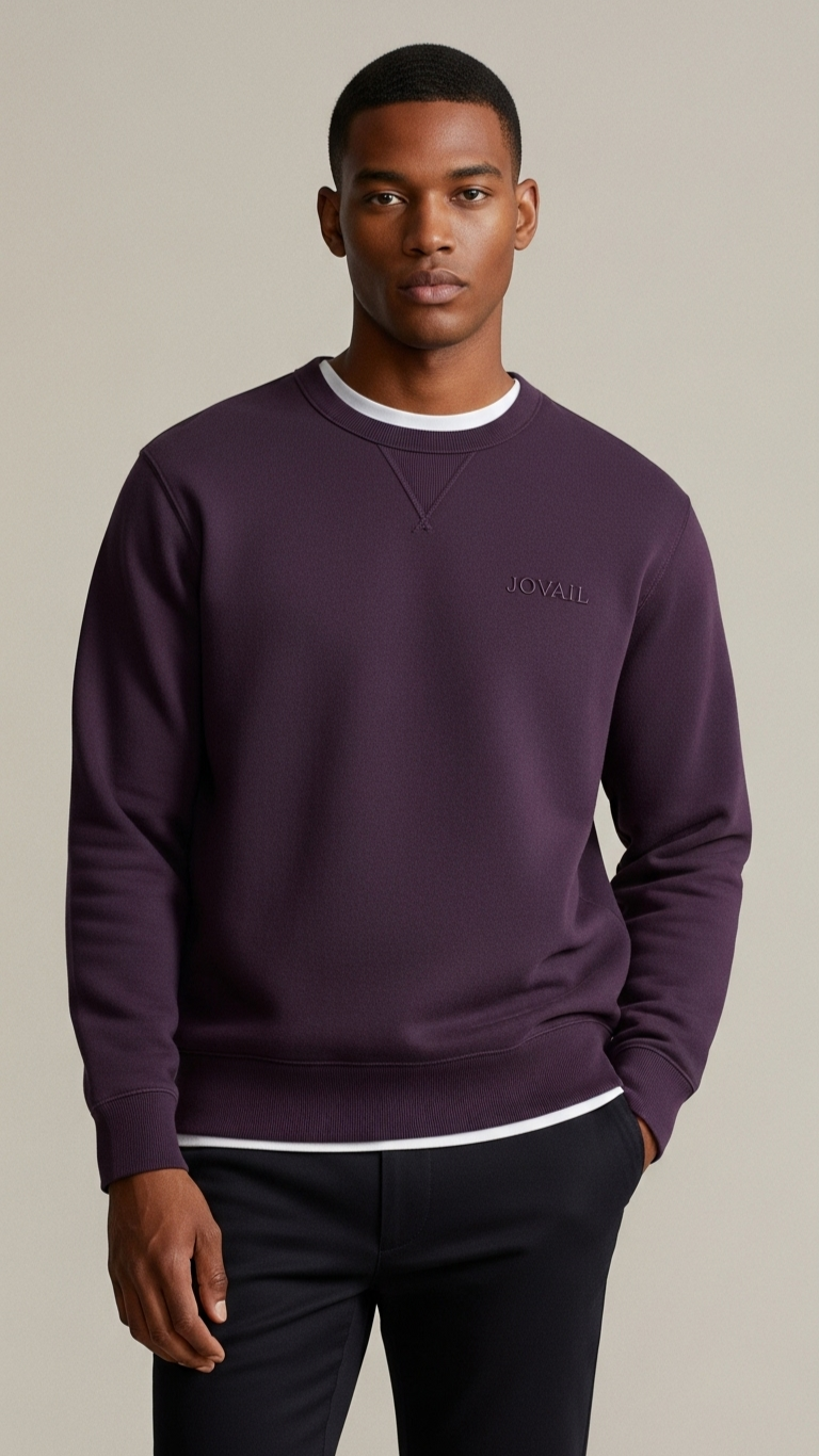 Man wearing a purple sweatshirt with a brand logo on a beige background