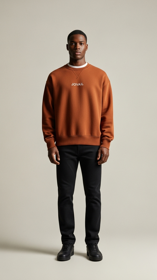Man wearing a brown sweatshirt with 'Joules' branding on a beige background
