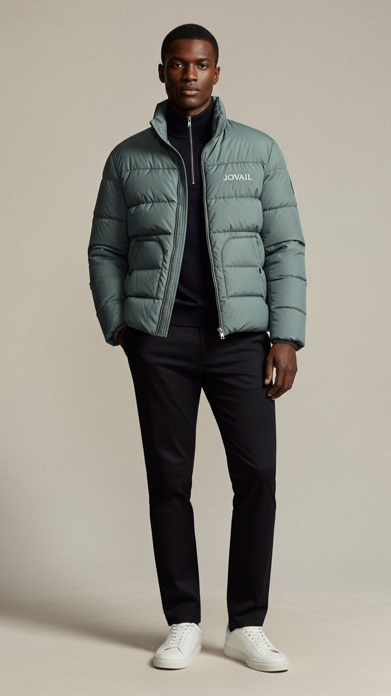Man wearing a green puffer jacket with 'Johnstons of Elgin' branding on a beige background