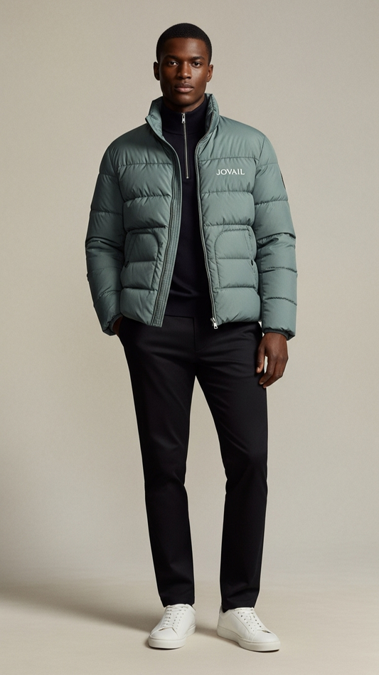 Man wearing a green puffer jacket with 'Johnstons of Elgin' branding on a beige background