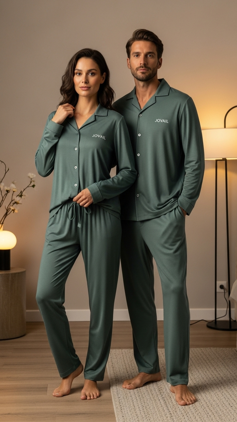 Man and woman wearing matching green pajama sets in a cozy room.