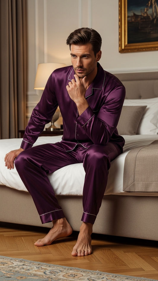 Man in purple satin pajamas sitting on a bed in a luxurious room.