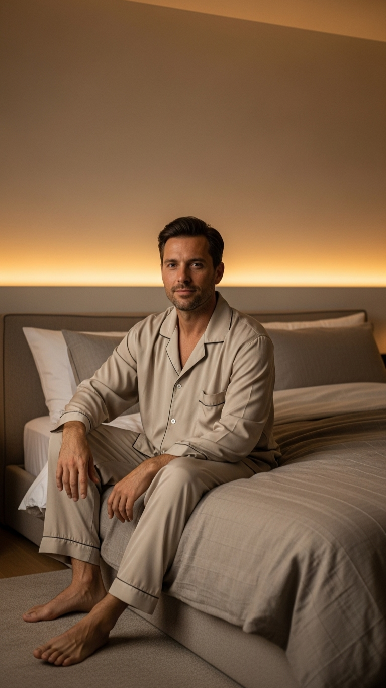 Man in pajamas sitting on a bed in a dimly lit room