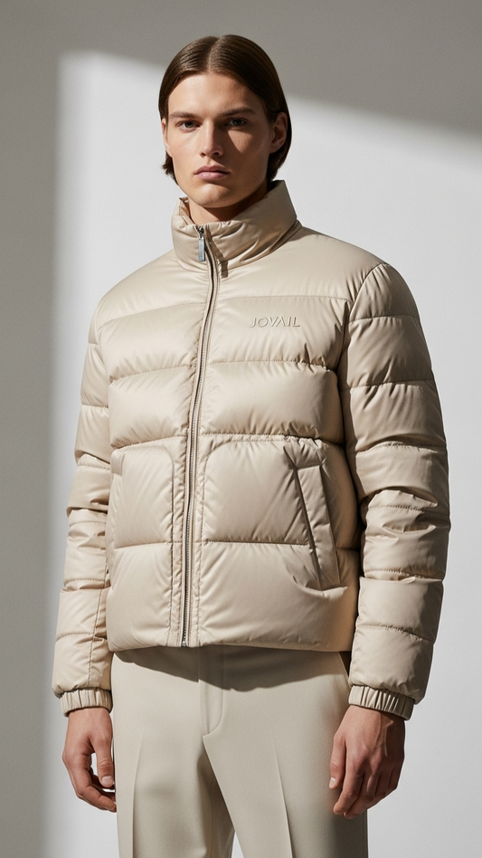 Person wearing a beige puffer jacket on a plain background