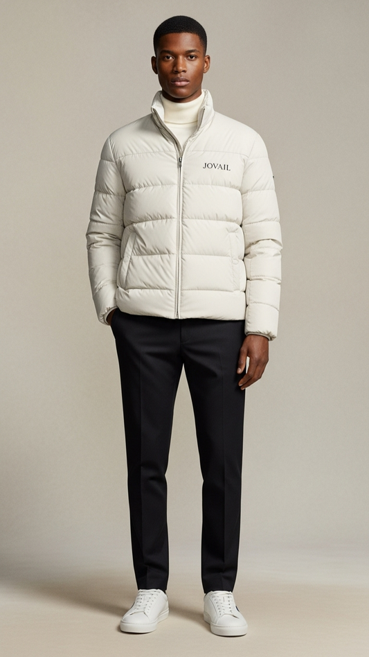 Man wearing a white puffer jacket with a brand logo on a beige background