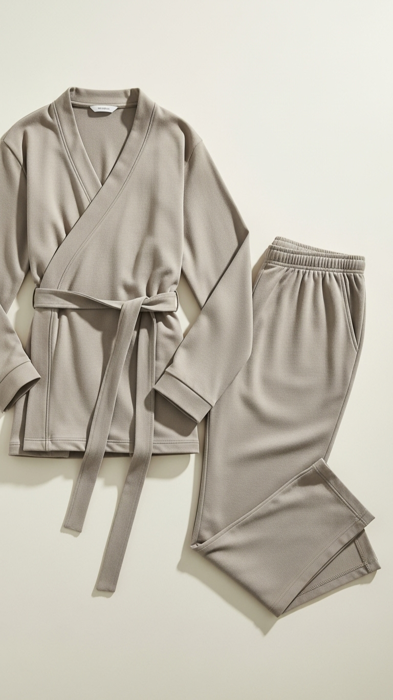 Gray robe and pants set on a light beige background