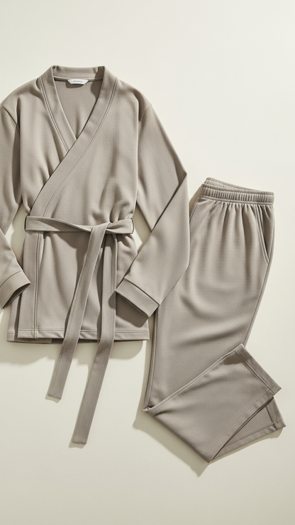 Gray robe and pants set on a light beige background