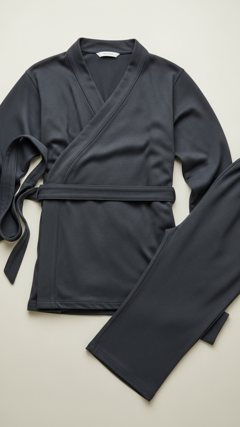 Dark gray robe and pants set on a light beige background