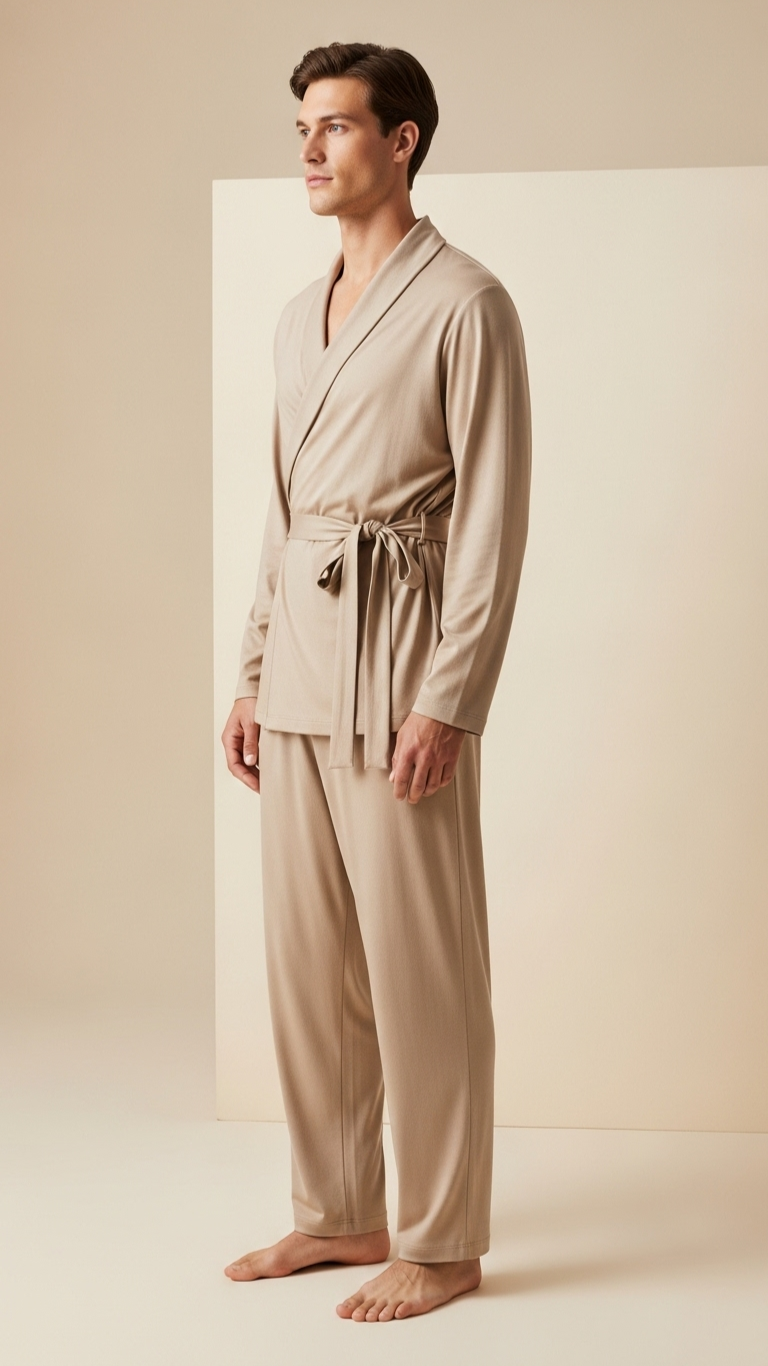 Man wearing a beige robe and pants against a plain background