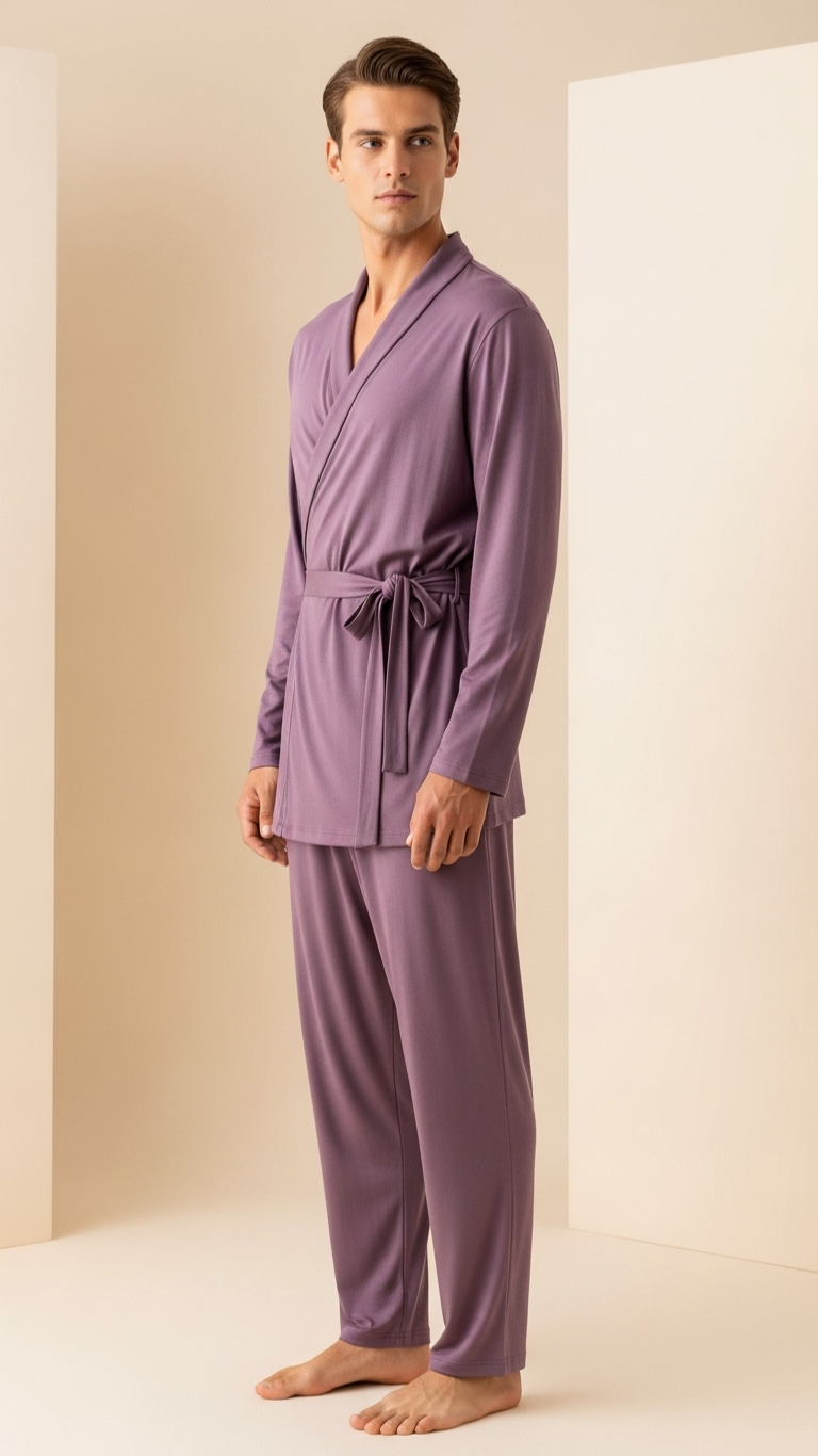JOVAIL Men’s Wrap Nightwear Set – Frosted Mulberry | Modal Cotton | Luxe Loungewear