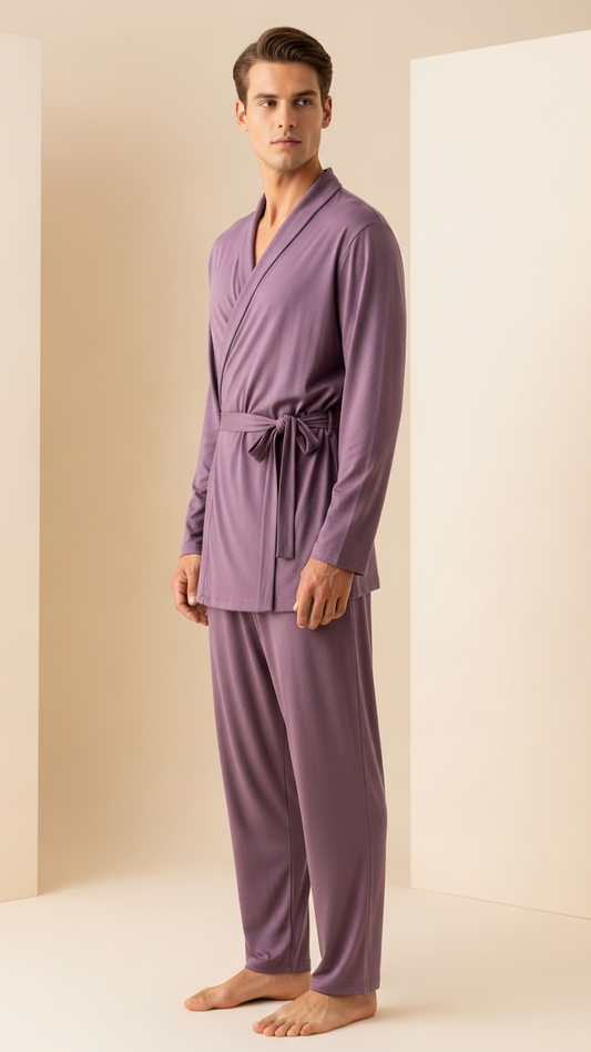 JOVAIL Men’s Wrap Nightwear Set – Frosted Mulberry | Modal Cotton | Luxe Loungewear