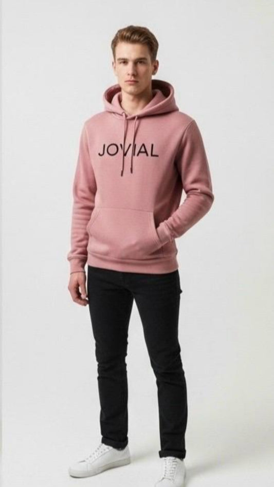 Person wearing a pink hoodie with 'JOVIAL' text on a white background