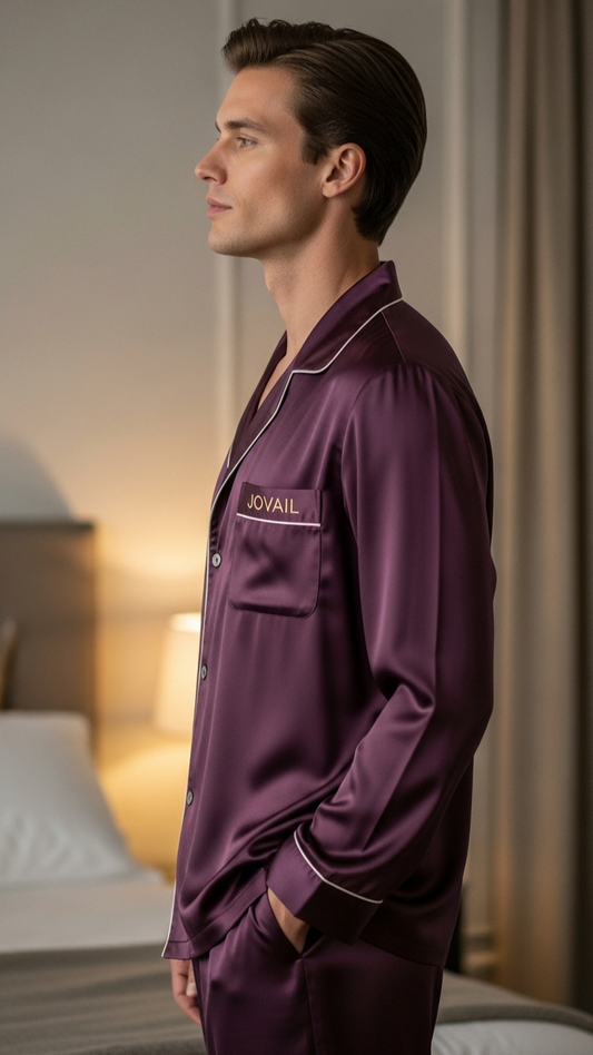 Man wearing a purple satin pajama set with 'Joyful' branding in a bedroom setting.